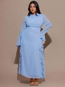 SHEIN BAE 大码女式棕色长袖雪纺荷叶边喇叭袖长款连衣裙 - 淺藍色 - 查看 3