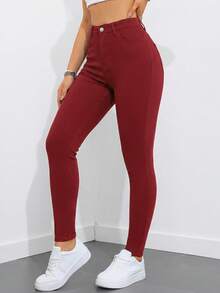 SHEIN ICON Quần jeans skinny màu trơn đơn giản, đa năng dành cho nữ, thích hợp mặc hàng ngày đi làm. - Màu Hồng Tươi - Xem 3