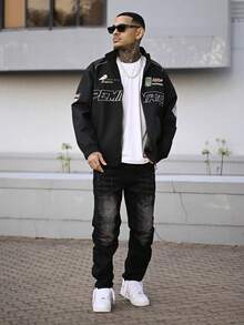 Devon Thys Men's Casual Letter Print Long Sleeve Jacket, Spring/Autumn Street Style Racing Jacket, Black Motorcycle Jacket, Long Sleeve Outgoing Designer Bomber Jacket, Street Style Version, Gift For Friends, Husband, Boyfriend - Black - View 4
