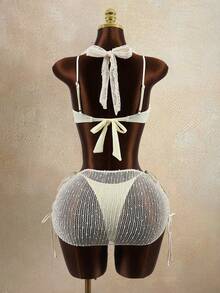 Zestiva Bộ bikini nữ gợi cảm và thanh lịch, chất liệu vải khoét rỗng phối kim loại, size 26SS, cổ khoét sâu, kiểu dáng dự tiệc bãi biển ngoài trời. - Màu be - Xem 2