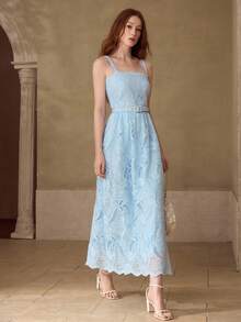 MOTF PREMIUM VESTIDO DE TIRANTES FINOS DE TELA BORDADA ELEGANTE Y ROMÁNTICO PARA MUJER, PRIMAVERA/VERANO - Azul - Ver 5