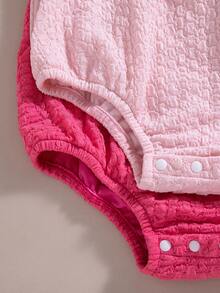 SHEIN Playful Pals 2pcs/Set Baby Girls' Casual Elegant Cute 3D Floral Embroidered Strap Romper, Spring/Summer - Pink - View 3