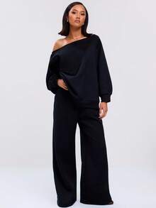 MUSERA 宽松不对称领口卫衣长袖上衣，休闲舒适，适合返校季、冬季穿着，舒适可爱，日常百搭，打造Y2K街头风春季造型 - 黑色 - 查看 4