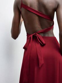 Maija Vestido largo ajustado de unicolor y escote espalda descubierta con detalle de torsión en los hombros, para mujer, de verano - amarillo ganso - Ver 5