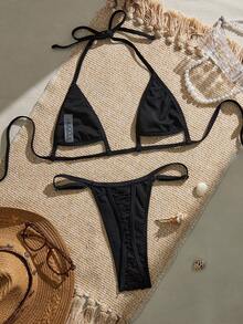 Swim SXY Bộ bikini gợi cảm mùa hè dành cho nữ, màu trơn, khoét eo, buộc dây cổ. - màu đen - Xem 7