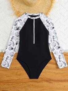 SHEIN Áo tắm liền thân cho bé gái tuổi teen, trang trí nơ đen, đồ bơi thời trang dự tiệc bãi biển. - Đen và trắng - Xem 7