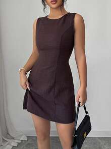 Almamuse 女士新款无袖圆领露背系带短裙，简约百搭休闲学院风 - 棕色 - 查看 6