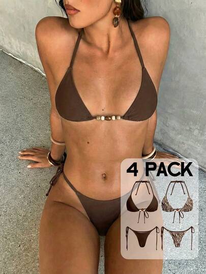 Aloruh Set di costumi da bagno da donna, sexy ed elegante, con stampa vintage di foresta tropicale e zebre, top a triangolo con collo alto e lacci, slip brasiliano con lacci ai lati, 4 pezzi