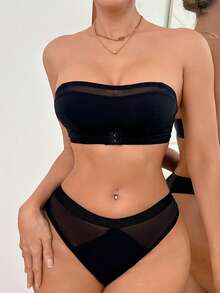 Set de 3 piezas de lencería con cierre frontal, parches de encaje y tirantes transparentes - Multicolor - Ver 3