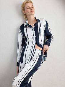 Ocili Ombre Striped Silky Satin Comfortable Loose Long Sleeve & Pants Women Pajama Set - Blue and White - View 6