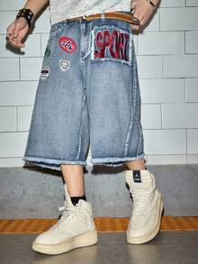 ROMWE MEN Street Life Men's Slogan Logo Embroidered Accent Drawstring Denim Shorts, Collegiate Style - Blue - View 5