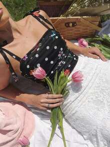 SHEIN MOD 女士时尚性感波点碎花吊带背心，春季情人节上衣，派对上衣，沙滩上衣，优雅休闲上衣，波点上衣，浪漫迷人，千禧风，外出上衣，西部风，乡村风，复古风，夏季度假 - 黑色 - 查看 4
