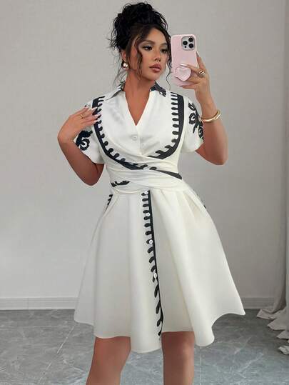 Rafferiza Women's Summer French Style Casual Vacation Minimalist Collared Short Sleeve Criss-Cross Tie Waist Short Printed Casual Dress