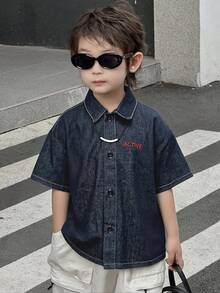 DAZY 男童字母刺绣短袖牛仔衬衫 - 藍色 - 查看 3