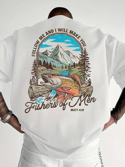 Manfinity Dauomo 男士基督教钓鱼T恤，“渔夫”T恤，户外信仰T恤，耶稣T恤，休闲宽松印花T恤，舒适透气日常穿着