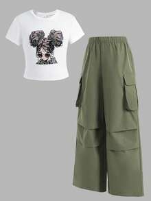 SHEIN Tween Girl Cartoon Portrait Graphic Short Sleeve T-Shirt And Cargo Pants Casual Outfit - Army Green - View 4