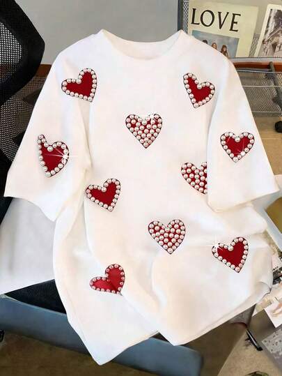 Franclia Camiseta de manga corta con cuello redondo casual con decoración de perlas para mujer de talla grande