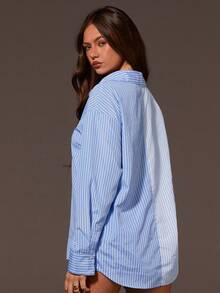 Athîral Women's Casual Blue Striped Patch Shirt, Asymmetrical Blue Striped Shirt, Lapel Long Sleeved Shirt, Spring And Summer Shirt, Casual Vacation Outfit, Outdoor Outfit, Date Outfit, Casual Versatile Shirt - Blue - View 6