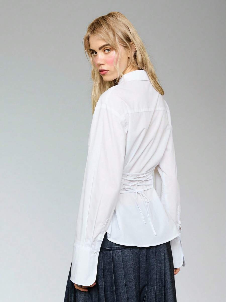 COUREZ Camisa con mangas largas y espalda anudada / Tops de verano Y2K sexy para salir, fiestas, festivales, elegante para salir y oficina - Blanco - Ver 1