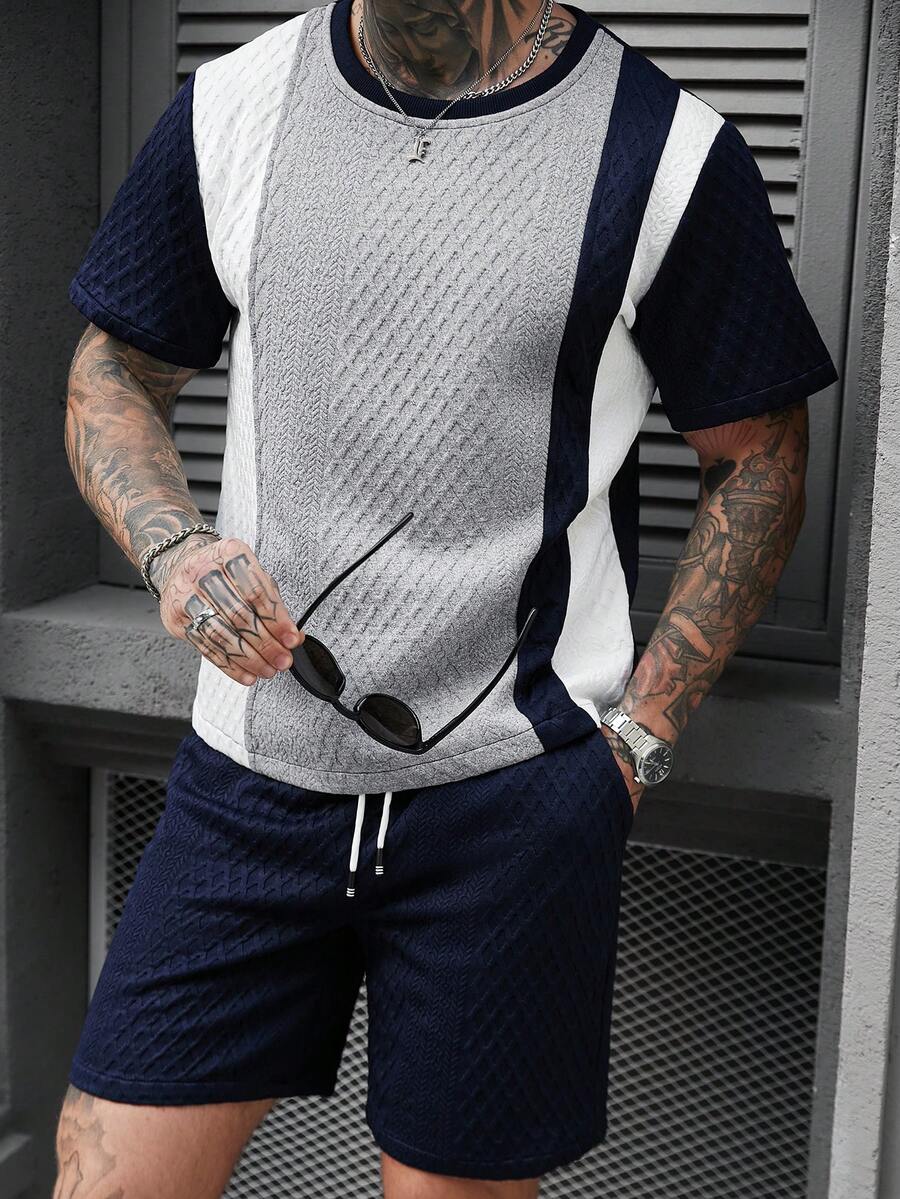 Manfinity Homme Men's Contrast Color Round Neck Casual Short Sleeve T-Shirt, Summer - Multicolor - View 1