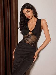 SHEIN Lace & Mesh Patchwork Milk Silk Sexy Women Nightgown - Black - View 7
