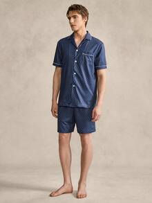 Men's Navy Blue Retro British Geometric Print Short Sleeve Shorts Pajama Set - Navy Blue - View 4