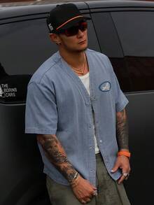 DAZY Men's Letter Print Short Sleeve Washed Denim Jacket, Summer - Blue - View 5