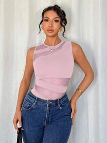 Rafferiza Petite 优雅性感圆领无袖针织拼接不规则网眼黑色春夏女士连体衣 - 淺粉色 - 查看 6