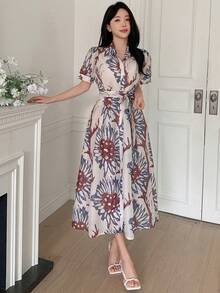 DAZY 女士优雅印花系带中长连衣裙，春夏婚礼宾客礼服 - 紫色 - 查看 4