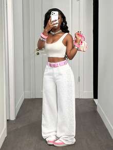 Slaydiva 女士镶钻白色阔腿牛仔裤 - 白色 - 查看 4