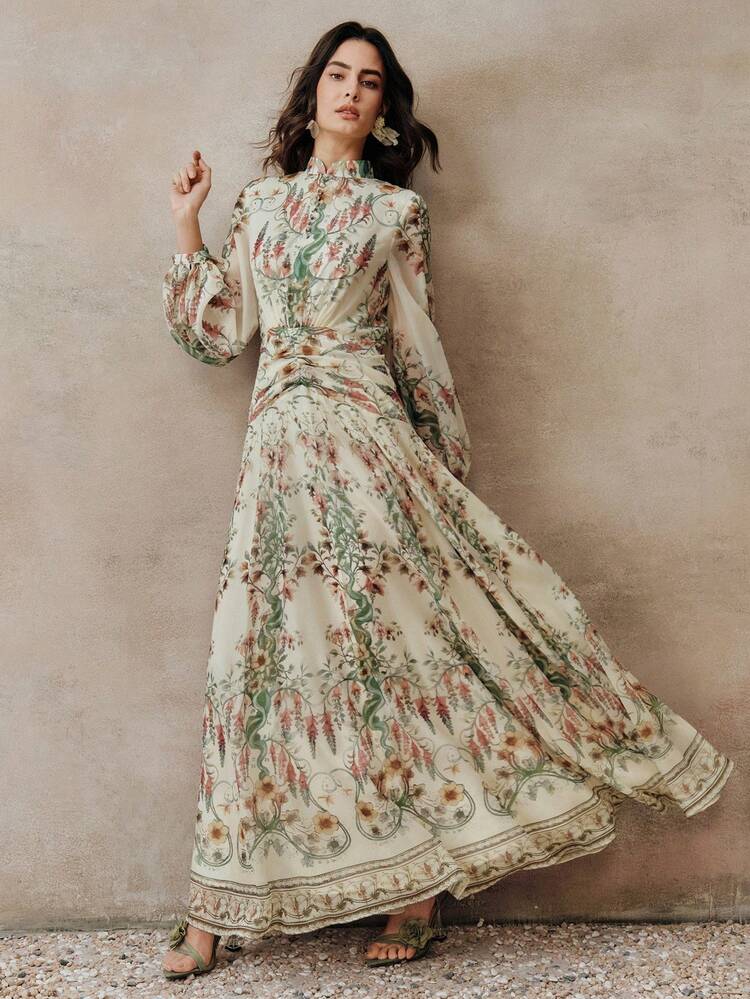 New French Style Elegant Floral Print High Collar Cinched Waist Luxurious Design Youthful Graceful Maxi Dress