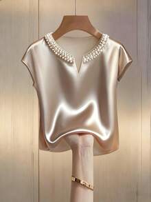 SHEIN LUNE Blouse en satin élégante couleur champagne avec col cranté et perles fausses pour l'été pour femmes,Top chic pour dîner et fête,Travail de bureau formel,Mode - Nude - Voir 6