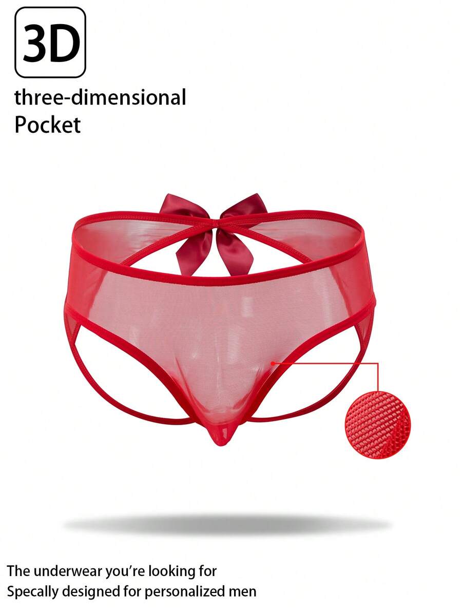 Valentine's Day Bow Mesh Thong Sexy Men's Underwear - Red - View 1