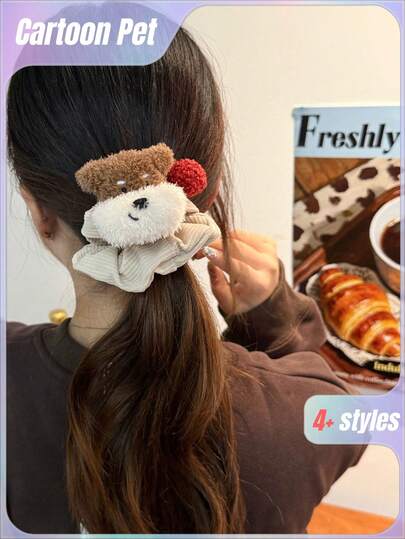 1Pc Cute Cartoon Pet Corduroy Scrunchies - Sweet Versatile Hair Ties For Girls | Ponytail & Bun Accessories