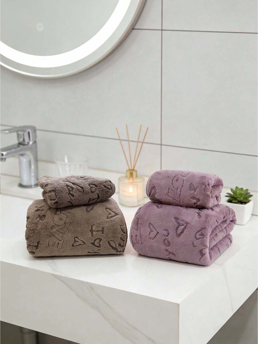4 set di asciugamani a forma di cuore in pile di corallo, asciugamani da bagno (colore caffè + viola) con tessuto morbido e delicato sulla pelle - Caffè Marrone - Visualizzare 1