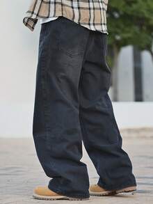 Devon Thys 1pc Men's Vintage Washed Distressed Straight Leg Loose Casual Baggy Wide Leg Jeans, With Frayed Hem - Black - View 2