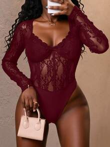 Slaydiva 2025秋冬季新年、情人节、派对、宴会、约会、生日派对、学院风、学生装、日常出行、百搭基础款、休闲、邮轮旅行、爆款、优雅浪漫性感派对、性感、方领、蕾丝领口、收腰、黑色蕾丝、透视、紧身连体衣、秋冬连体衣、性感连体衣、女士连体衣 - 酒紅色 - 查看 10