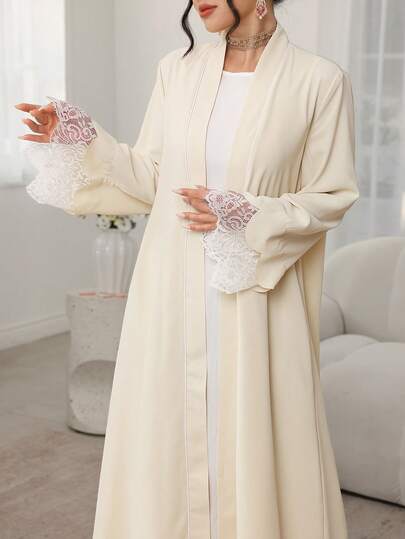 Al Najma Yellow Contrast Collar Floral Trim, Contrast Lace Abayas For Festive Wear