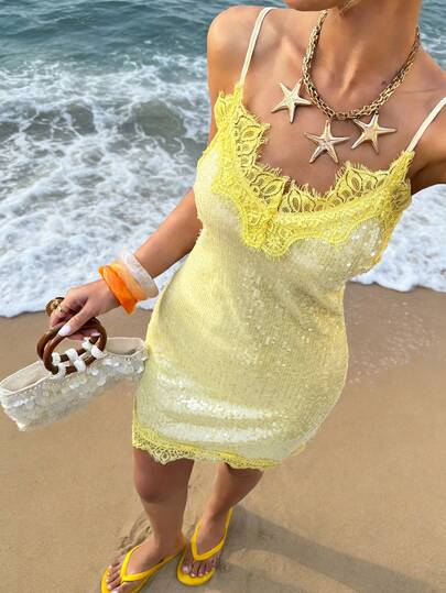 Selianne 1pc Women's Lace Patchwork Sequin Bodycon Spaghetti Strap Vacation Dress, Spring/Summer