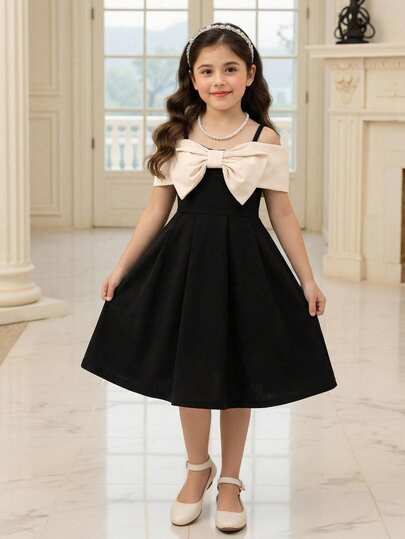 Elladie kids Young Girl Elegant Lady Contrast Color Bow Decor Summer Dress
