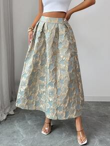 SHEIN Elenzya 女士提花褶裥休闲百搭日常穿搭半身裙 - 綠色 - 查看 3