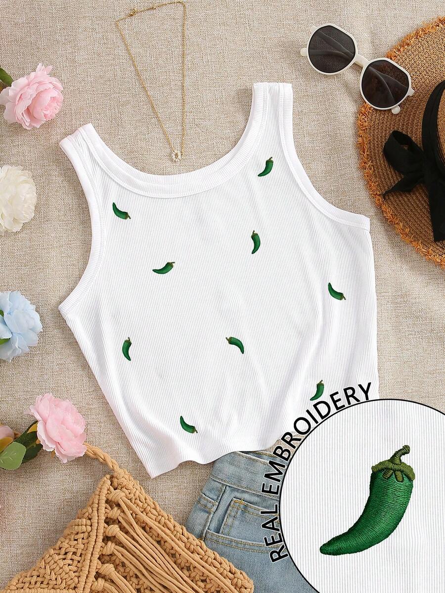 INAWLY Chili Pepper Embroidery Design Women's Round Neck Camisole - White - View 1