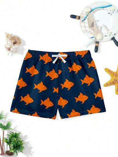 Young Boy Casual Loose Swim Trunks, Classic Cute Clownfish Graphic Print, Suitable For Surfing, Swimming, Vacation In Summer
