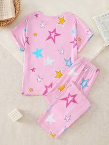Genkimix Kids 2pcs Girls Cartoon Girl Group Five-Pointed Star Print Short Sleeve Pants Casual Loose Pajama Set - Multicolor - View 2