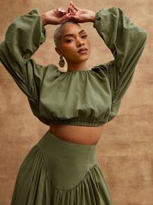 Vixey 100% Cotton Round Neckline Gathered Long Sleeve Cropped Top - Green - View 1