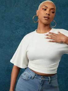 White Round Neck Boxy Sleeve Fitted Waist Tee - White - View 6