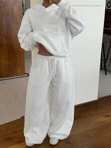 Muchica Bộ đồ thể thao nữ màu trắng mùa thu/đông gồm áo hoodie lót giữ nhiệt và quần nỉ dáng rộng. - trắng - Xem 5