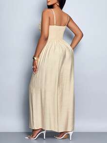 SHEIN PETITE CURVE Women's Draped Front Draped Collar Lace Up Backless Wide Leg Cami Jumpsuit, For Everyday Wear & Vacation - Apricot - View 2