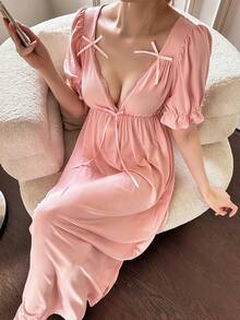 Dream Adore Conjunto de bata y camisón con volantes en el dobladillo y decoración de lazo, camisón sexy, bata de seda rosa, pijama de seda rosa, ropa de dormir para mujer, vestido de pijama rosa - Rosa - Ver 5