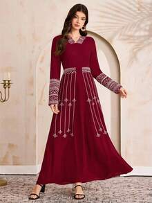 Al Najma 女士春秋季度假风拼接印花长袖连帽收腰连衣裙 - 酒紅色 - 查看 6